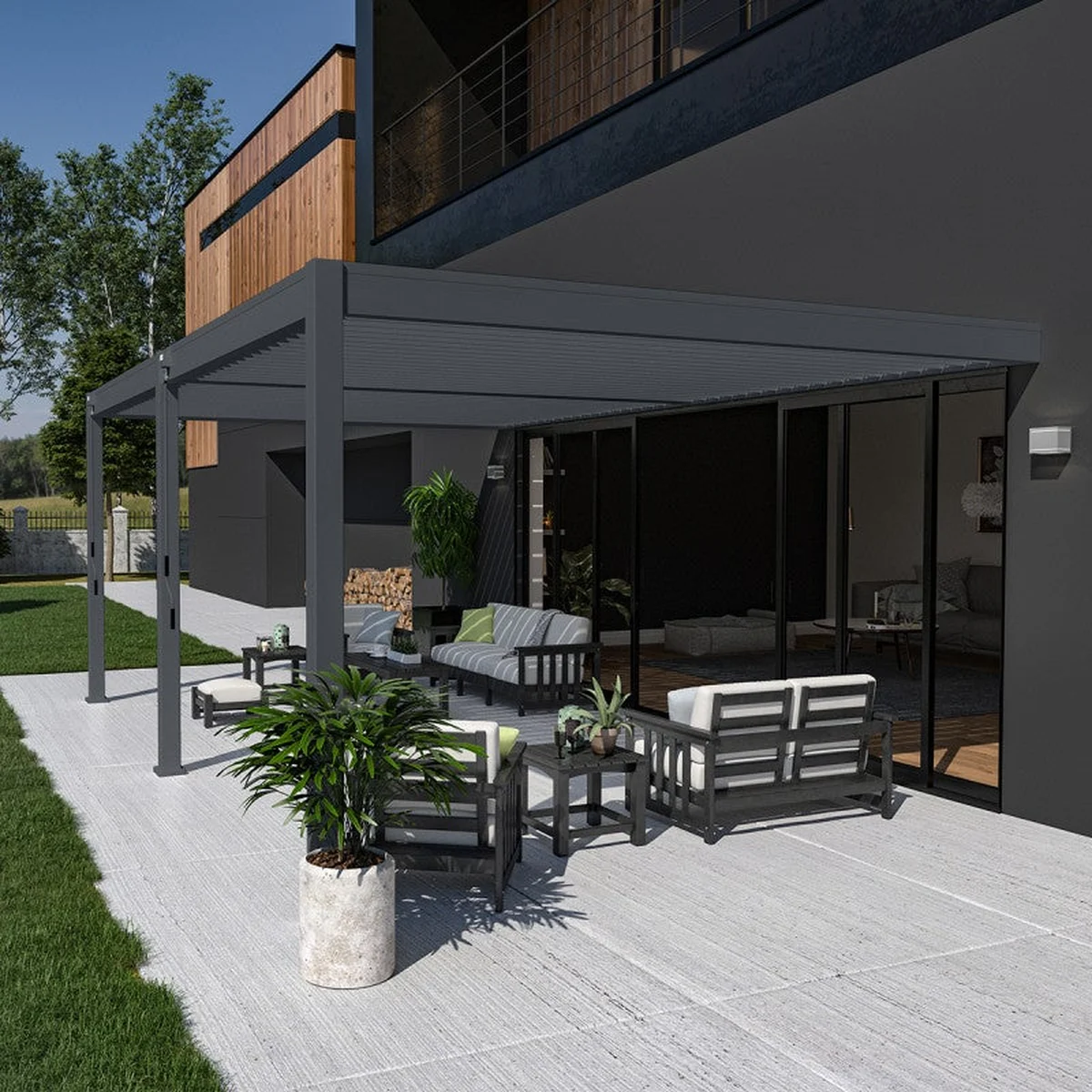 pergola bioclimatica adosada ombrea vs 4x6m antracita 2 estores antracita