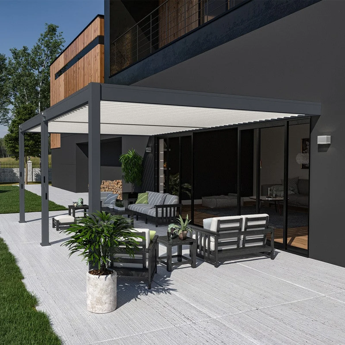 Pérgola bioclimática adosada ombrea vs 4x6m - antracita/blanco + 2 estores antracita