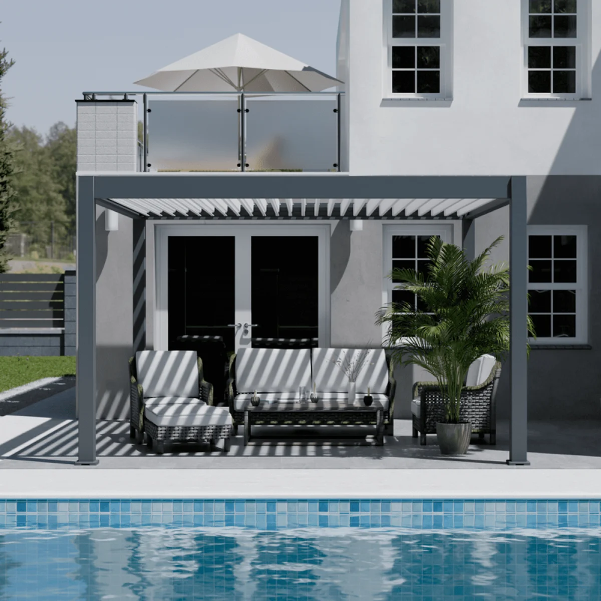 Pérgola bioclimática autoportante motorizada ombrea 4x4m - antracita/blanco