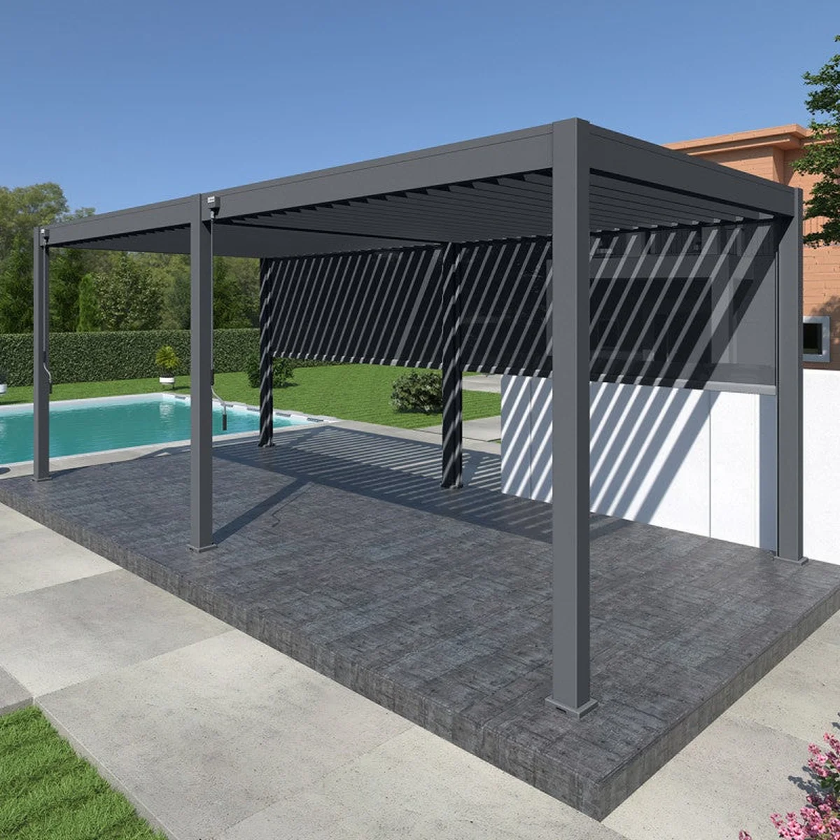 Pérgola bioclimática autoportante ombrea vs 3x6m - antracita + 2 estores antracita
