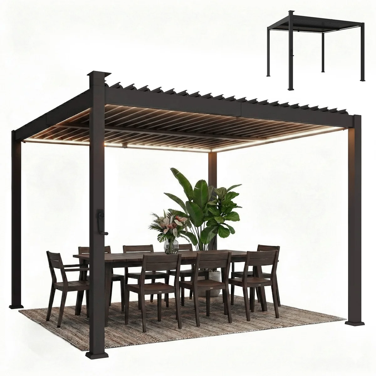Pérgola bioclimática de 3x3 m con luces led solares