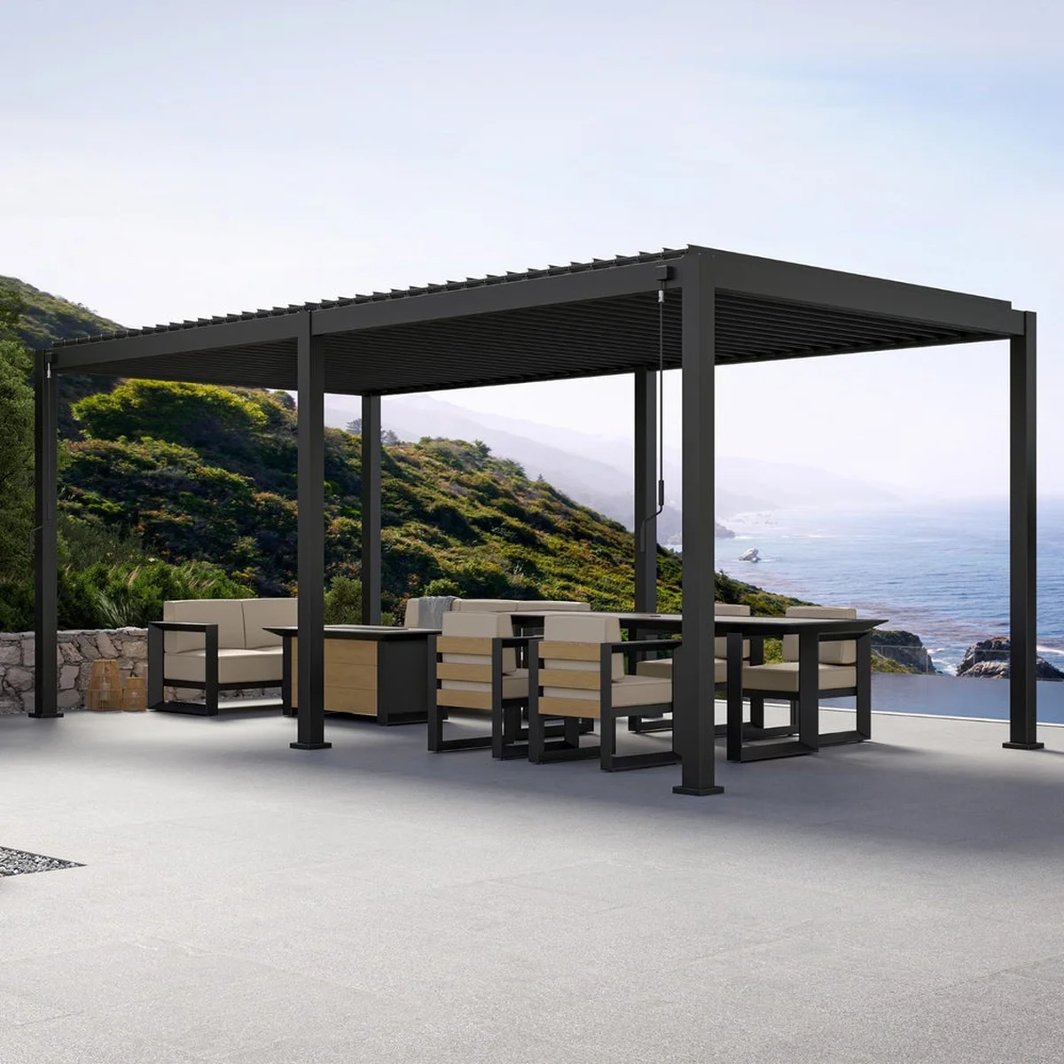Pergola bioclimática de aluminio autoportante de 3 x 6 m de antracita con listones dobles ajustables – mirador 111da