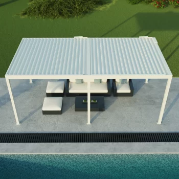 Pérgola bioclimática de aluminio tieral caleta blanca y lama blanca de 606 x 308 x 262 cm motorizada con led