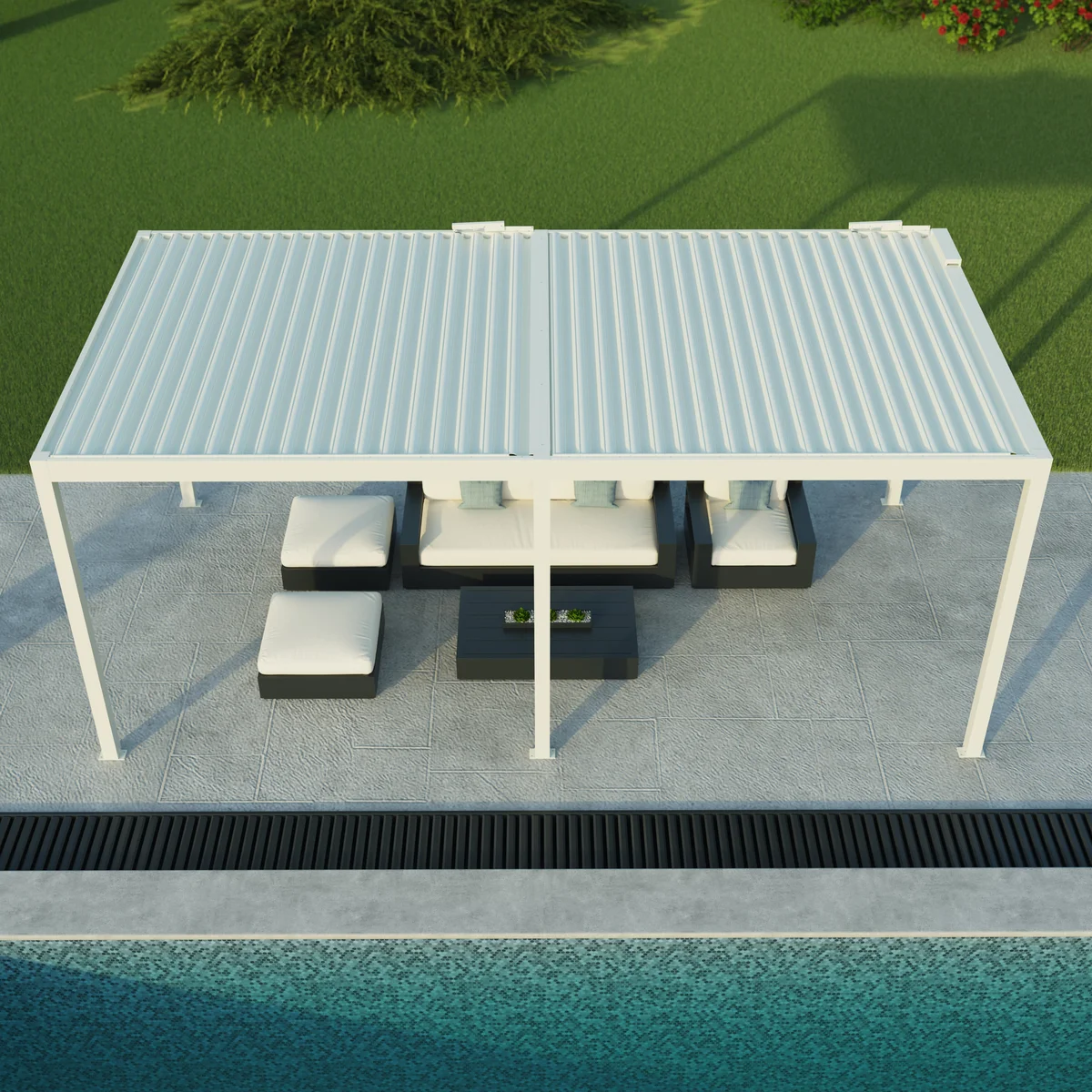 Pérgola bioclimática de aluminio tieral caleta blanca y lama blanca de 606 x 308 x 262 cm motorizada con led
