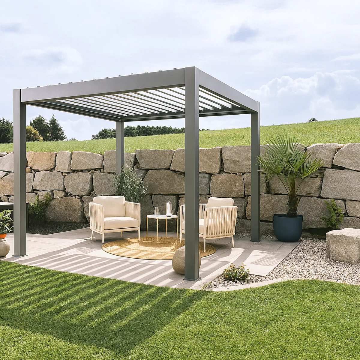 Pérgola de acero con toldo biohort outdoor living de 312 x 312 cm gris