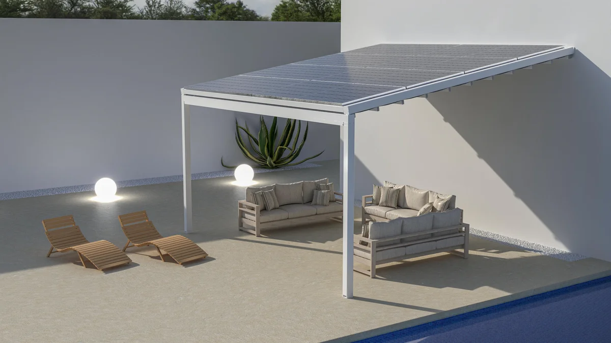 Pérgola de aluminio adosada con cubierta genova solar de 484 cm blanco