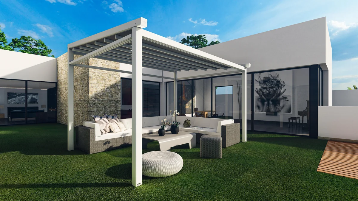 Pérgola de aluminio con cubierta marsella de 400 x 300 cm blanco