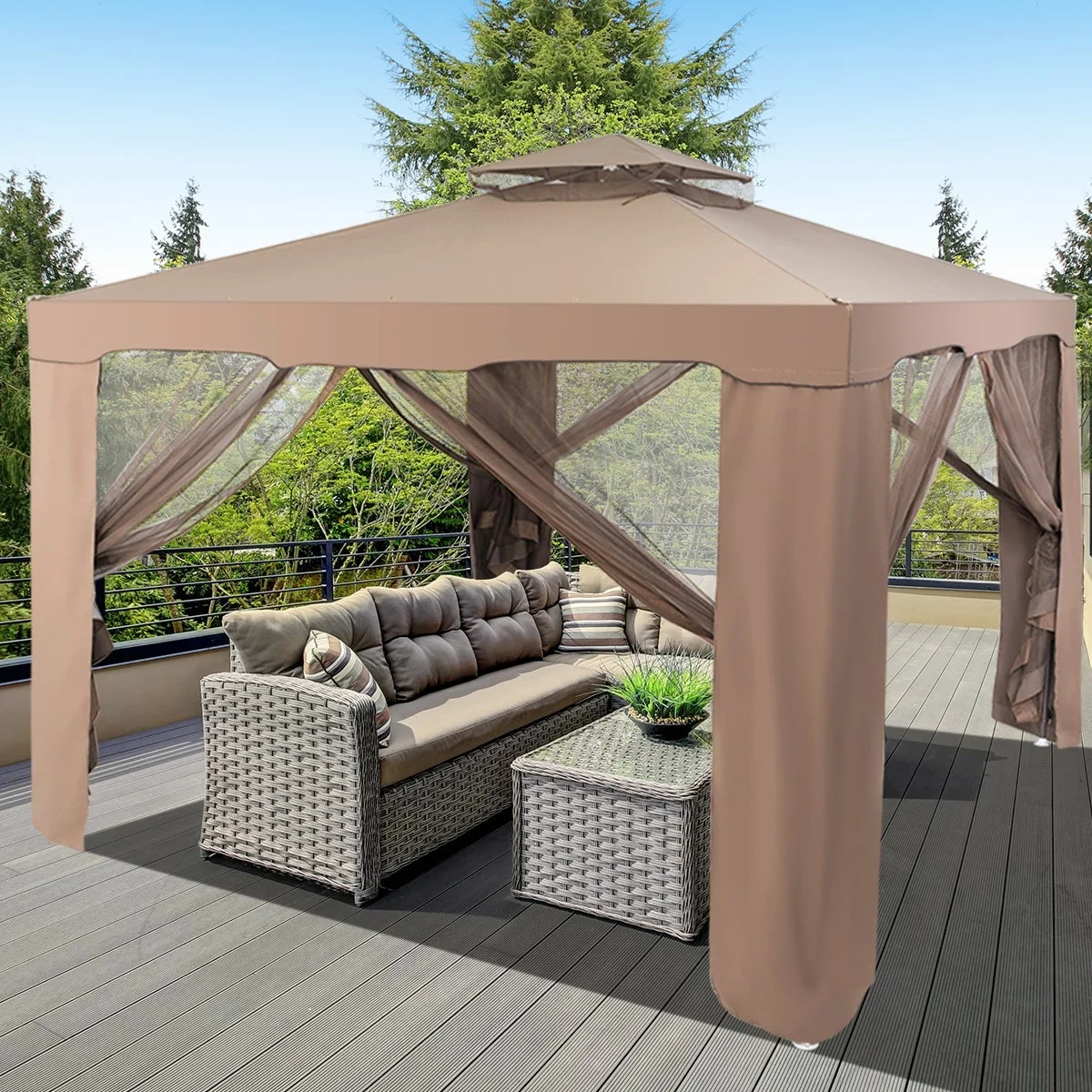 Pérgola jardín doble techo 3x3m acero cortinas mosquitera patio terraza café 2